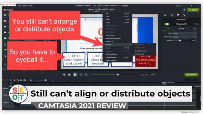Camtasia 2021 Review: You still can't align or distribute objects. (So, you have to eyeball it...)