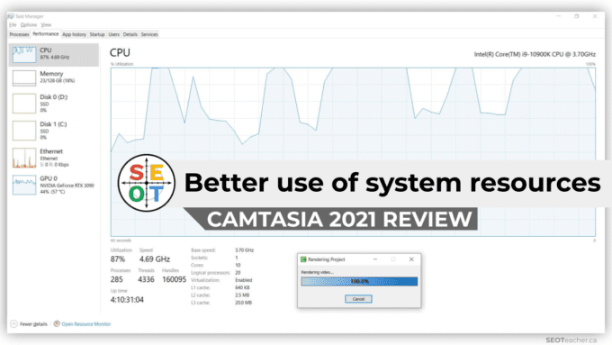 Camtasia 2021 Review - better use of system resources. Screenshot of CPU usage during render of video with Camtasia 2021. Average utilization of 10 core (i9) was 87% at 4.69 GHz.