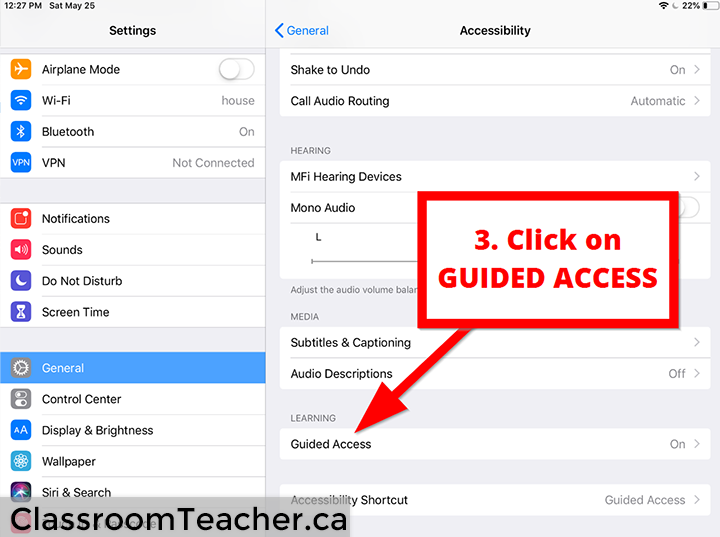 Screenshot of iPad showing how to lock down your ipad - step 3 click on guided access