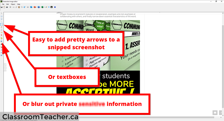 How to add arrows to a snipped screenshot or textboxes or blur out sensitive info