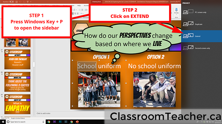 Screenshot showing instructions to get the extended desktop setting to show a separate screen on the classroom projector 