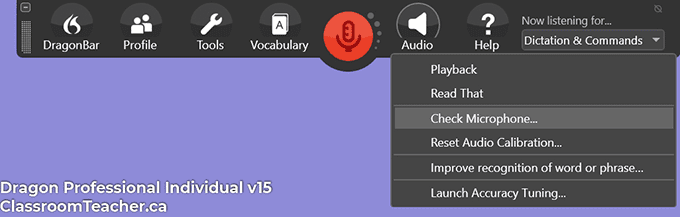 Screenshot of Nuance Dragon Professional Individual v15 - audio menu (Screenshot for Nuance Dragon Home vs Professional 15 review)
