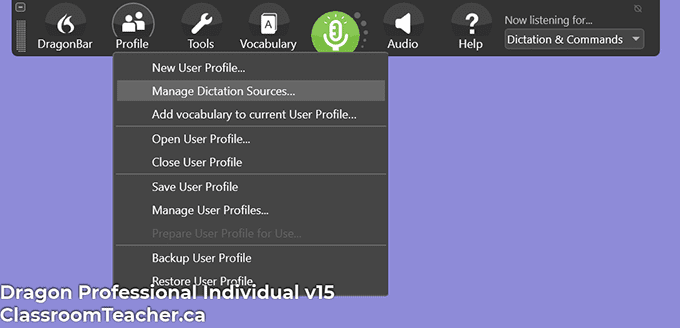 Screenshot of Nuance Dragon Professional Individual v15 - profile menu (Screenshot for Nuance Dragon Home vs Professional 15 review)