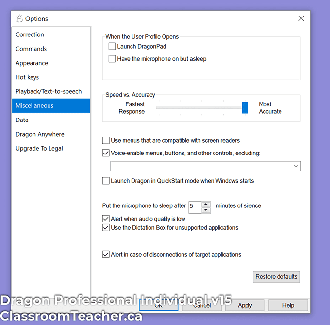 Screenshot of Nuance Dragon Professional Individual v15 - option - miscellaneous window lets you choose between speed and accuracy when transcribing (Screenshot for Dragon Home vs Profession 15 review)