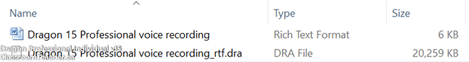 Screenshot of voice recording file (DRA file) in Dragon Professional 15