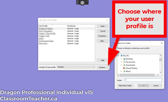 Use Dragon and speak naturally tip: Choose where your User Profile is (Dragon Pro Individual v15) (Screenshot for Dragon Home vs Profession 15 review)