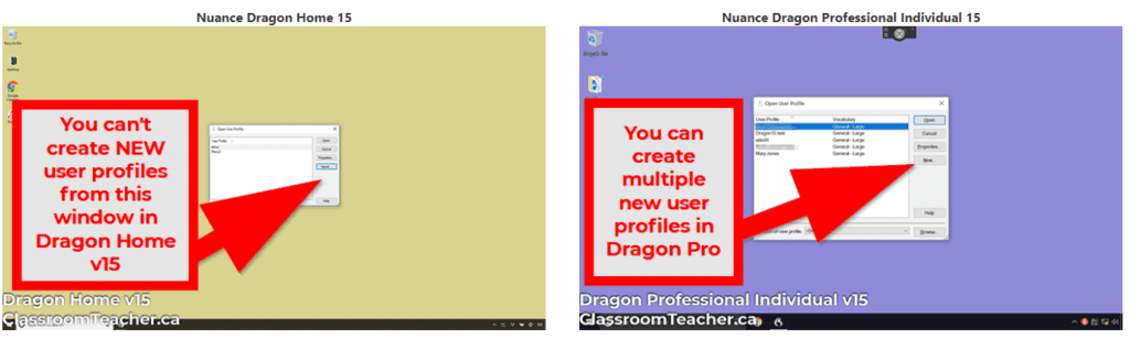 Side by side comparison of Nuance Dragon Home 15 vs Nuance Dragon Professional 15 showing multiple user profile option in the start window