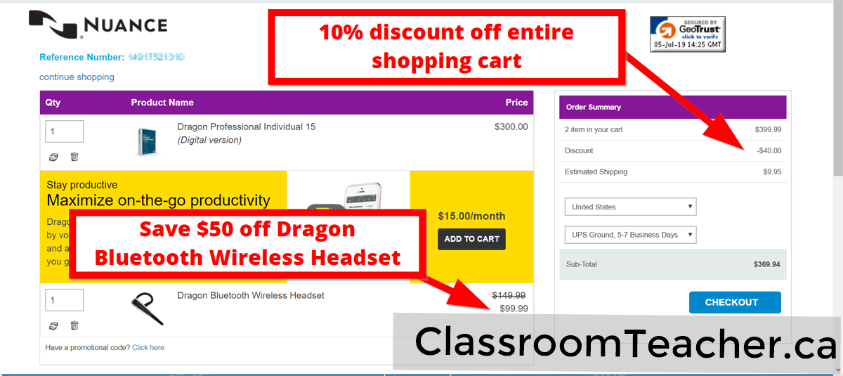 Screenshot of shopping cart showing 10% discount off entire cart