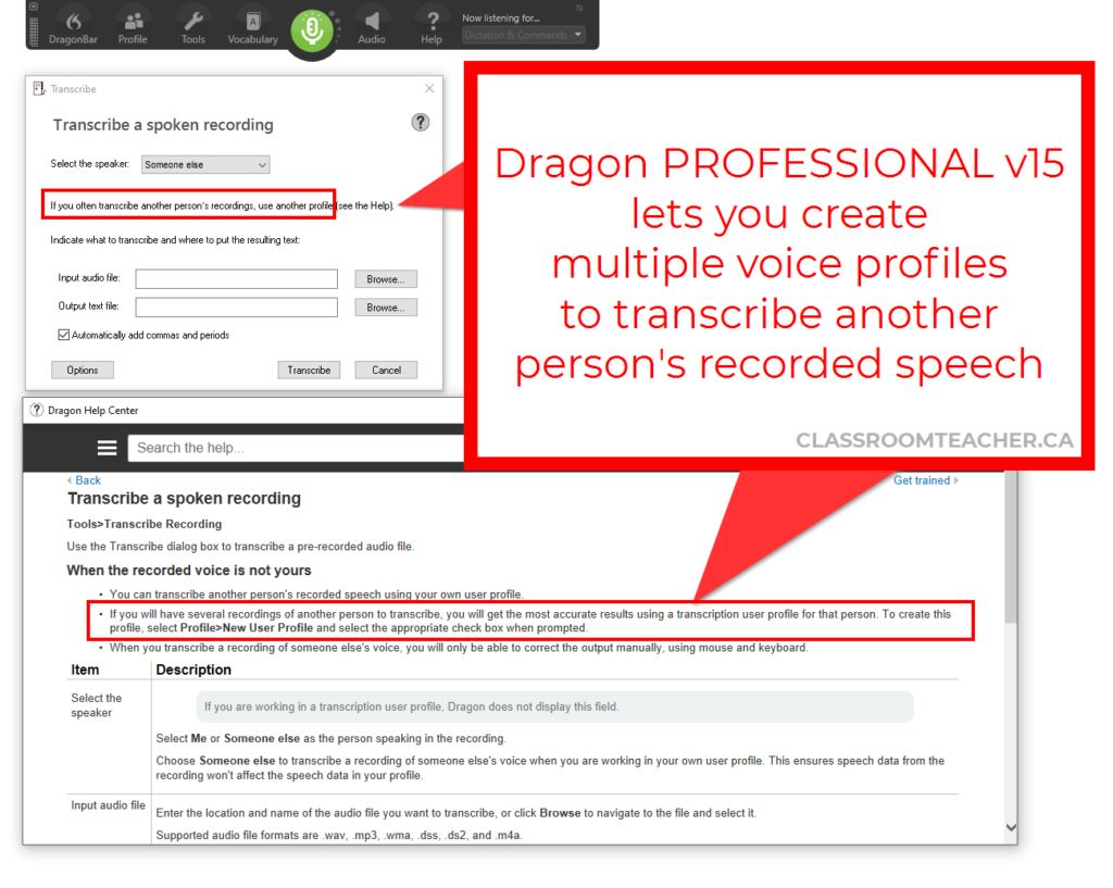 Screenshot of Dragon Professional v15 transcribe box saying that if you often transcribe another person's recordings, use another profile