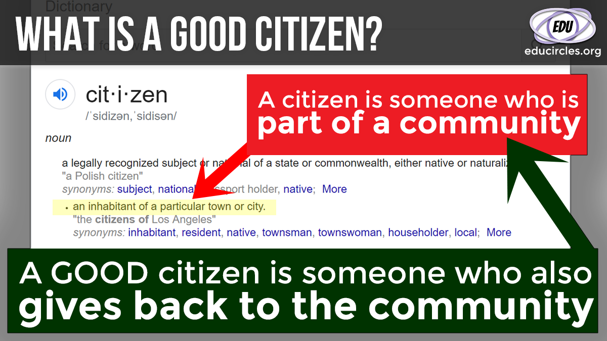 What is a Good Citizen? Screenshot of Good Citizenship definition with notes on top: A citizen is someone who is part of a community. A good citizen is someone who also gives back to the community.