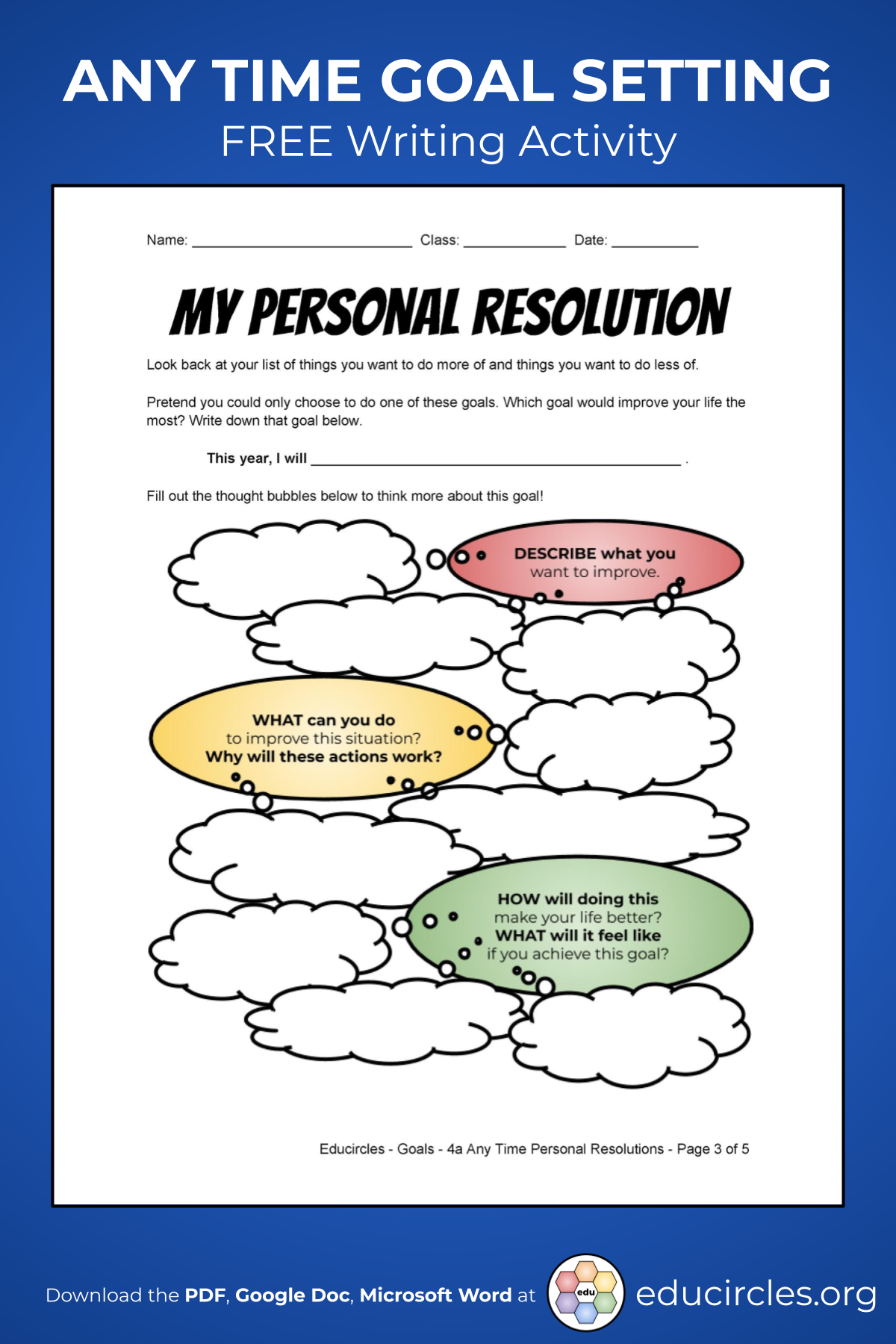 Screenshot of Goal Setting Handout Page 3 - My Personal Resolution Brainstorming Graphic Organizer