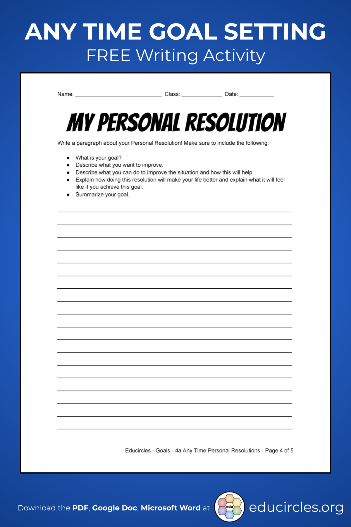 Screenshot of Goal Setting Handout Page 4 - My Personal Resolution paragraph writing activity