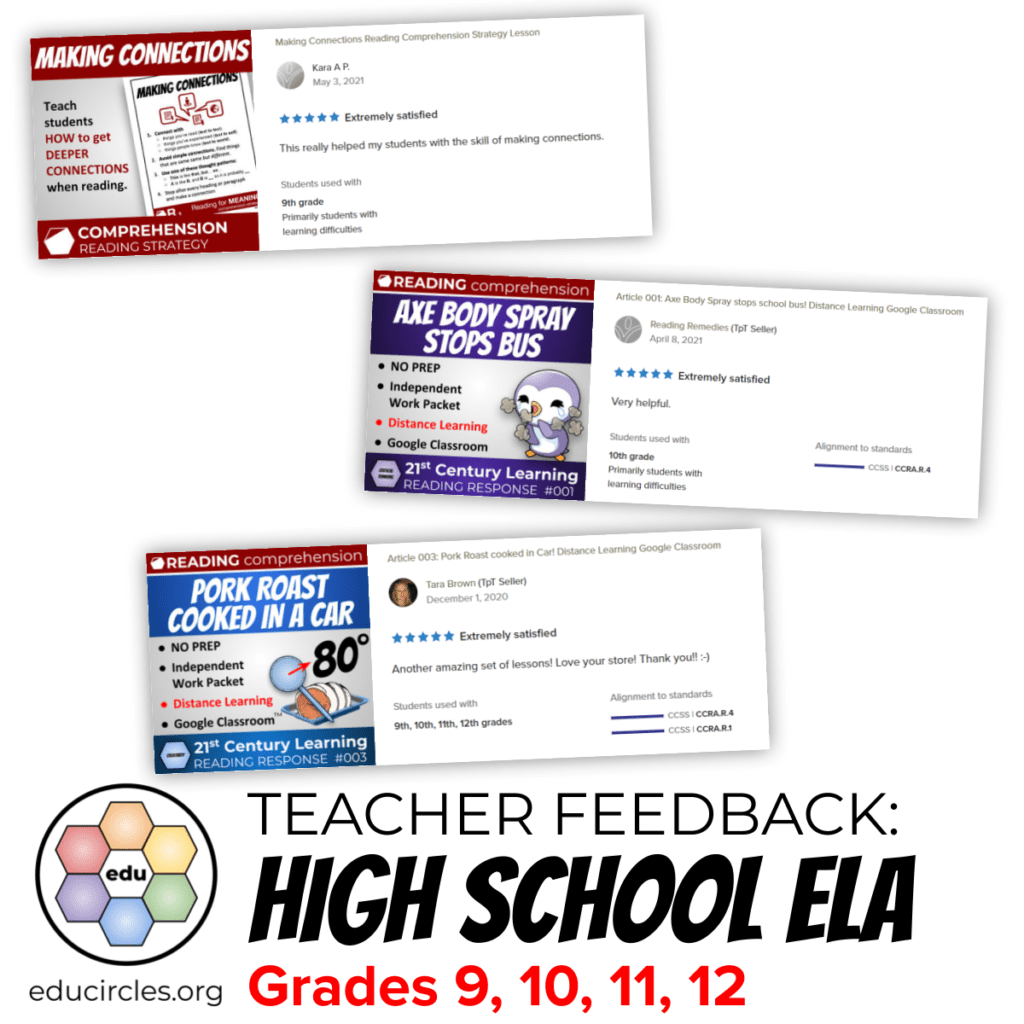 Screnshots of High School ELA English Lesson Plan teacher feedback for grades 9, 10, 11, 12